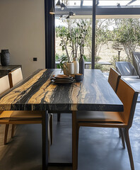 A modern dining room centered around a stunning, luxury dining table with a black and gold veined marble top and contemporary chairs.