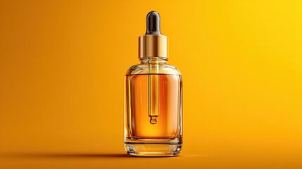 Ultra quality image of glass bottle with an orange and yellow background, featuring a dropper top for cosmetic or beauty products. The front view of the product is displayed against.
