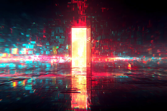 otherworldly and alternate dimension portal Glitching Open Door to Sunrise Splintered into Digital Fragments
