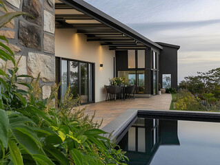 Exterior of a contemporary luxury home featuring a stone facade, a patio with an outdoor dining set, and an infinity-edge swimming pool with a scenic view.