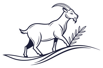 Majestic goat strides gracefully across a stylized hill adorned with a delicate branch