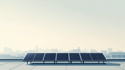 Obraz premium Modern Solar Panels Installed on a Rooftop with a Soft City Skyline in the Background, Symbolizing Renewable Energy and Sustainable Living in Urban Environments