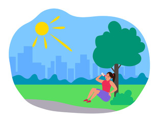 woman drinking water  sitting under the tree summer heatstroke first aid thirsty dehydration vector illustration