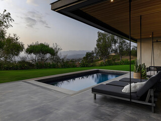 A modern, luxurious patio with a rectangular swimming pool, hanging daybeds, and a scenic view of the hills at dusk.