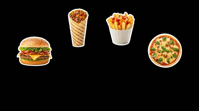 Presentation of various fast food for cafe advertising: pizza, burger, kebab and French fries. Fast food concept. Empty space for text. Smooth animation on transparent background