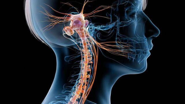 A transparent anatomical illustration showing the human brain, nerves, and spinal cord in a side profile view.