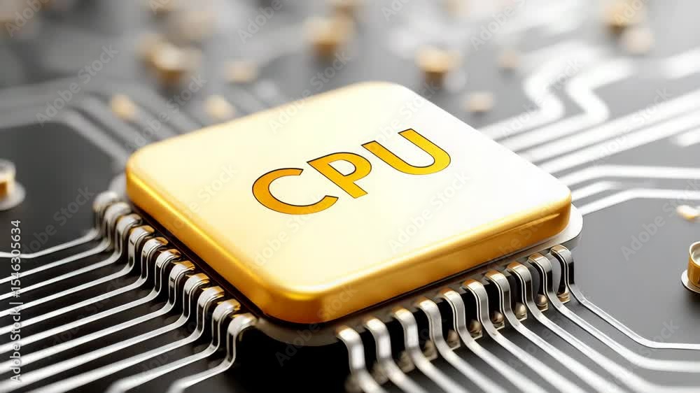 Poster a close-up of a golden cpu chip mounted on a circuit board with visible metallic pins and traces.