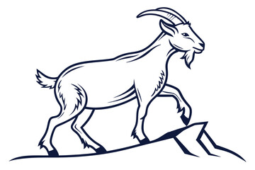 Majestic outlined goat confidently walks up rugged rocks within the minimalist isolated monochrome illustration