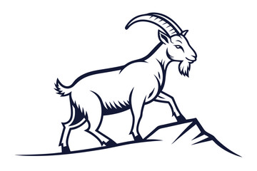 Monochrome illustration shows a goat with curved horns walking atop a rocky peak