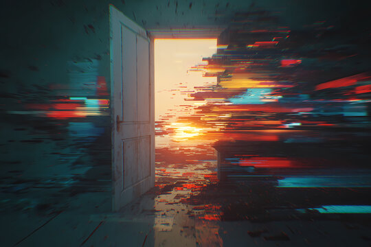 otherworldly and alternate dimension portal Cyber Portal Door Amidst Flying Digital Cube Particles
