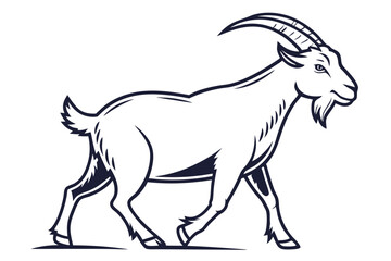 Fototapeta premium Monochrome goat with prominent curved horns is walking across the frame in illustration