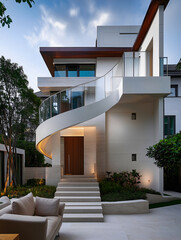 A luxurious modern villa with a unique curved design, featuring a white spiral staircase and a glowing swimming pool at twilight.