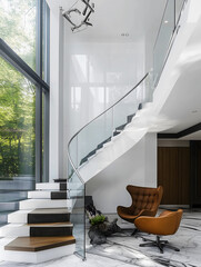Modern and airy home interior featuring a floating staircase with a glass railing, marble floors, and large windows overlooking a forest.