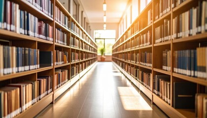 Long Library Corridor With Bookshelves And Sunlight