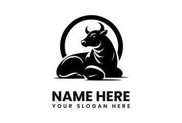 A black silhouette of a resting bull inside a circle, with placeholder text for a name and slogan below.