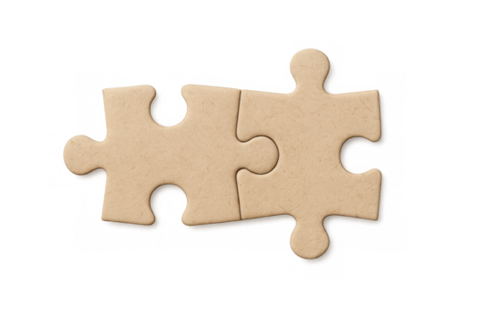 Cardboard puzzle pieces interlocking, representing collaborative problem-solving and partnership against transparent backdrop