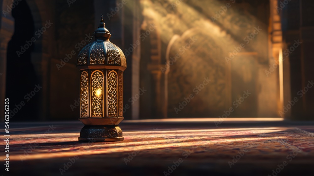 Poster ornate lantern casting light in warm room with intricate patterns and shadows