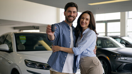 Smiling Caucasian couple family woman girl female wife girlfriend hugging cuddle man guy male...