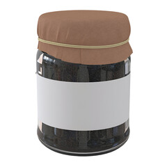 A glass jar with a brown lid and a blank white label, typically used for storing food items like preserves or spices.