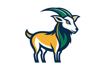 Colorful goat with curved horns stands gracefully, displaying distinct yellow, white, green, and navy shades