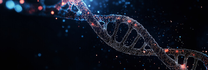 3D DNA strand banner for website header or landing page, glowing on dark background, futuristic digital style, with copy space on left, 3:1 banner image