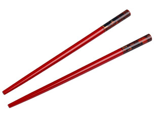 Glossy red chopsticks, traditional Asian dining utensil, transparent background.