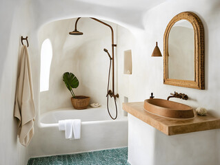 Mediterranean-Style Bathroom with Curved Walls, Terracotta Sink, and Brass Fixtures