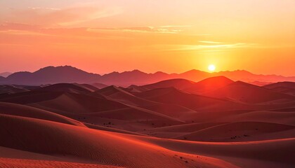 Naklejka premium Wide skyline bathed in intense sunset reds and warm coral light, casting soft shadows over minimal terrain.