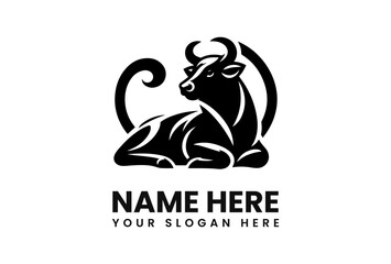 Black and white stylized logo of a reclining bull, featuring decorative swirls.