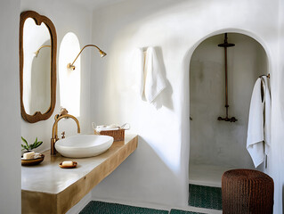 Mediterranean-Style Bathroom with Arched Shower and Brass Fixtures