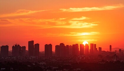Obraz premium Wide skyline bathed in intense sunset reds and warm coral light, casting soft shadows over minimal terrain.
