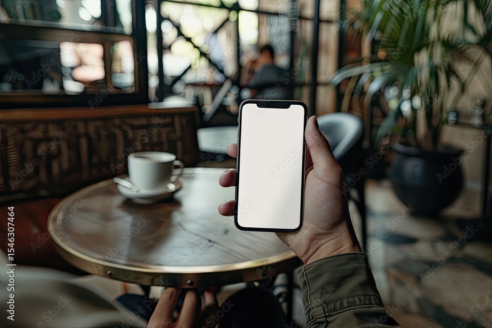 Poster detailed image of close up of man using mobile phone in cafe