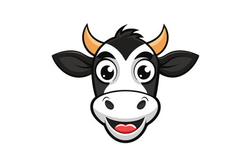 A cheerful cartoon cow face smiles widely showing its tongue and teeth vividly