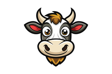 An isolated cartoon cow head with horns, brown eyes, and a smiling expression
