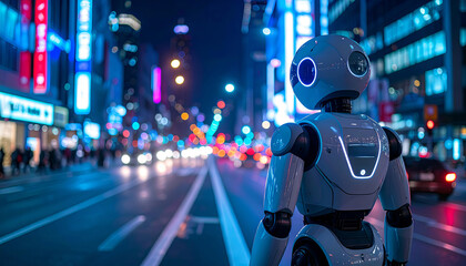 A humanoid robot traffic officer stands in the middle of a busy urban street, managing traffic in a smart city environment with advanced AI and robotics integration, futuristic autonomous vehicles