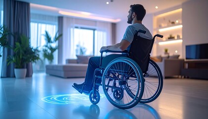 A man in a wheelchair navigates a smart home environment using a mind controlled system with HUD graphic, futuristic advanced assistive technology empowering mobility through neural interfaces.