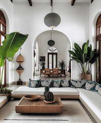 Modern Moroccan Living Room with Arched Doorways and Lush Green Plants