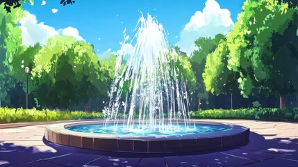 Serene Park Fountain Surrounded by Lush Greenery and Vibrant Blue Sky in a Tranquil Urban Environment with Cloudy Atmosphere