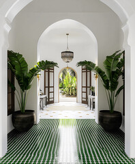 Elegant Arched Hallway with Green Tiled Floor and Tropical Plants in Sunlight