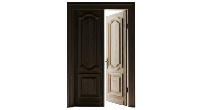 Open antique wooden door, 3d rendered isolated on transparent background