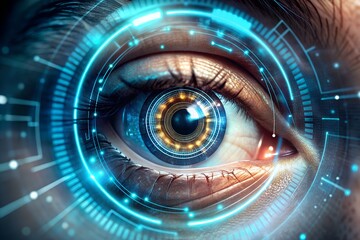 Close-up of a human eye with futuristic digital interface overlay, technology concept