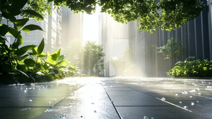 Serene Urban Oasis with Sunlight Streaming Through Greenery, Highlighting Textured Pathway Flanked by Lush Plants and a Mystical Atmosphere of Tranquility