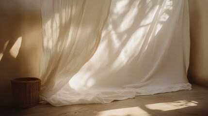Soft Light and Textured Fabric in Natural Setting Creating a Serene Atmosphere with Shadows and Warm Tones Showcasing Minimalist Interior Design