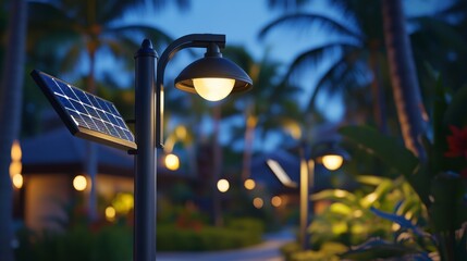Solar-Powered Street Lights Illuminating Tropical Pathway with Lush Greenery and Soft Glow at Twilight in a Resort Setting