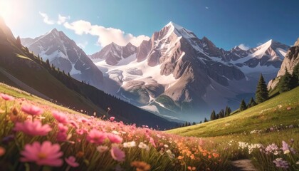 A breathtaking mountain range towers above a valley filled with colorful wildflowers in bloom.