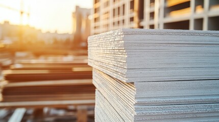Stack of Freshly Cut Wooden Boards on a Construction Site During Sunset with Soft Glowing Light Highlighting the Texture and Details of the Lumber