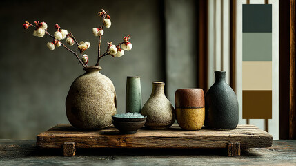 Rustic Still Life: An array of ceramic vases in muted earth tones and a delicate branch with petite blossoms create a serene and sophisticated still life composition.