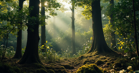 Sunbeams Dancing Through Ancient Forest A Mystical Path of Green and Gold
