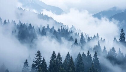 Obraz premium A misty, tranquil mountain landscape featuring a dense forest shrouded in low-lying fog and clouds.