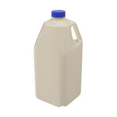 A beige plastic container with a blue cap, typically used for storing and pouring liquids like milk.